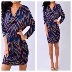 Chevron Patterned Blue and Brown Tunic Top
